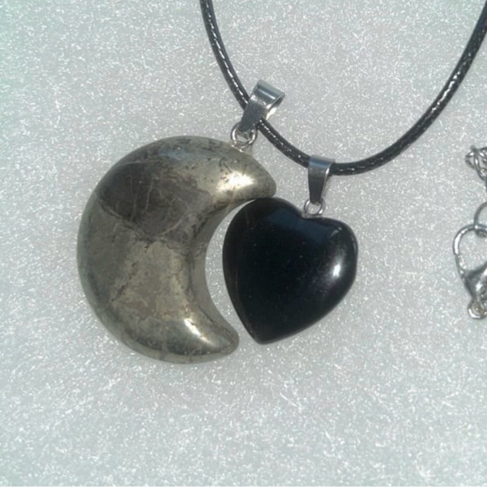 Gothic Pyrite Moon and Onyx Heart on Black cord 18-20” Necklace